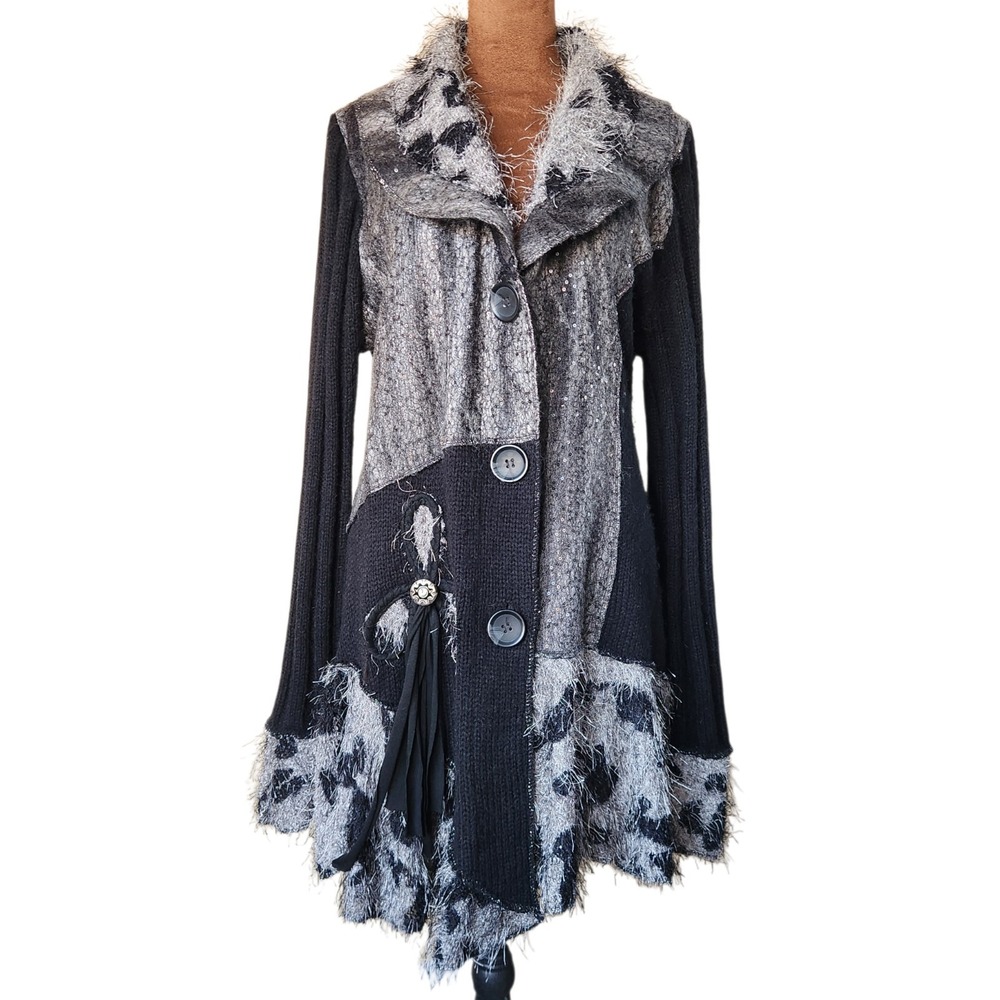 Y2K Knit‎ Sweater Whimsigoth Grunge Sequin Coat Size XL Sequin Fringe Button